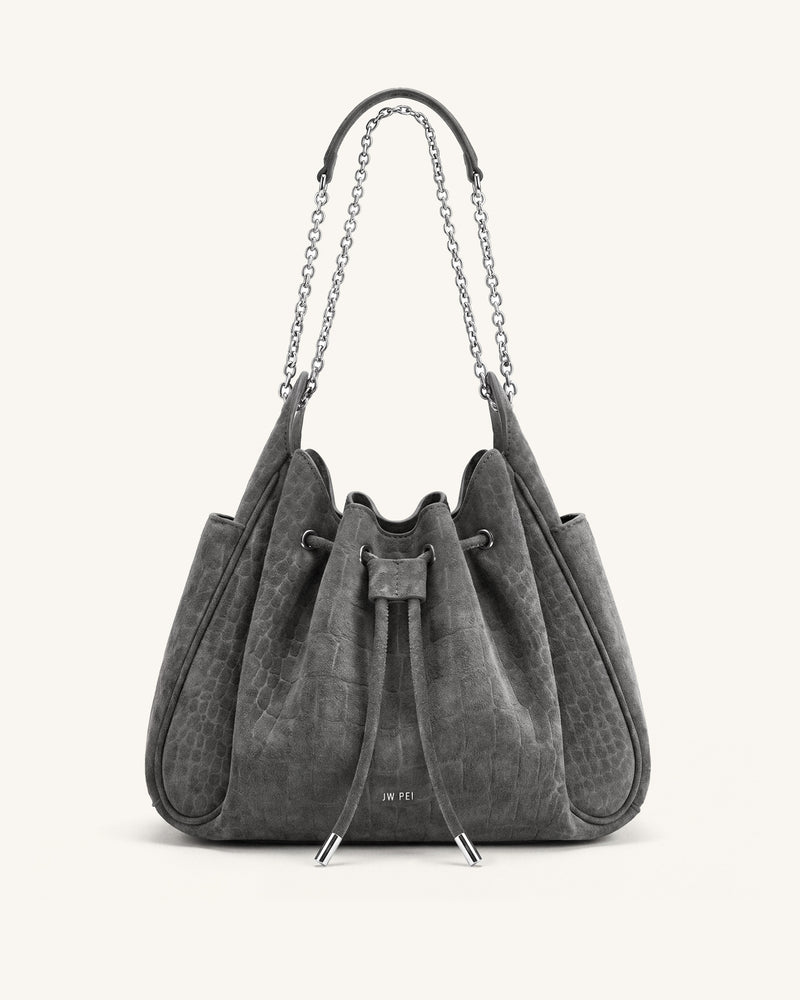 Rowan Faux Suede Drawstring Chain Bucket Bag - Smog Gray Croc