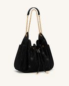 Rowan Artificial Crystal Ruched Drawstring Chain Bucket Bag - Obsidian