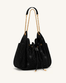 Rowan Artificial Crystal Ruched Drawstring Chain Bucket Bag - Obsidian