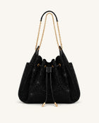 Rowan Artificial Crystal Ruched Drawstring Chain Bucket Bag - Obsidian
