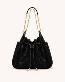 Rowan Artificial Crystal Ruched Drawstring Chain Bucket Bag - Obsidian