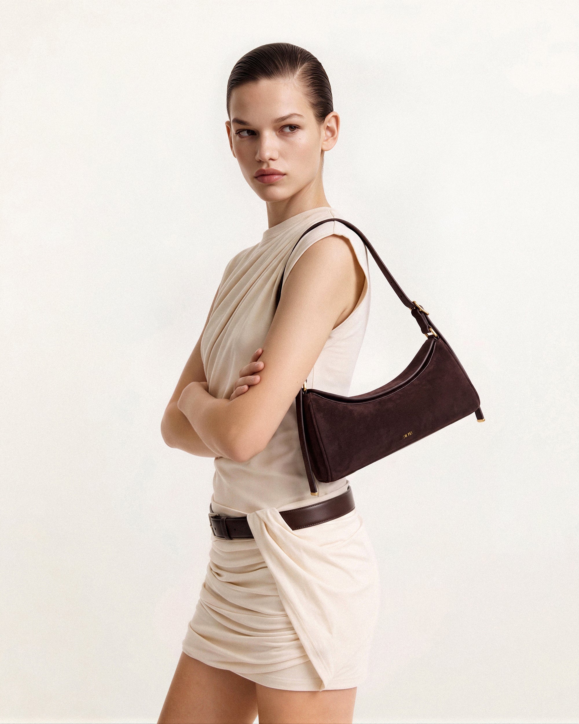 Elowen Faux Suede East-West Shoulder Bag - Dark Brown