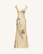 Iris Print Satin Mermaid Maxi Dress - Soft Yellow