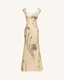 Iris Print Satin Mermaid Maxi Dress - Soft Yellow