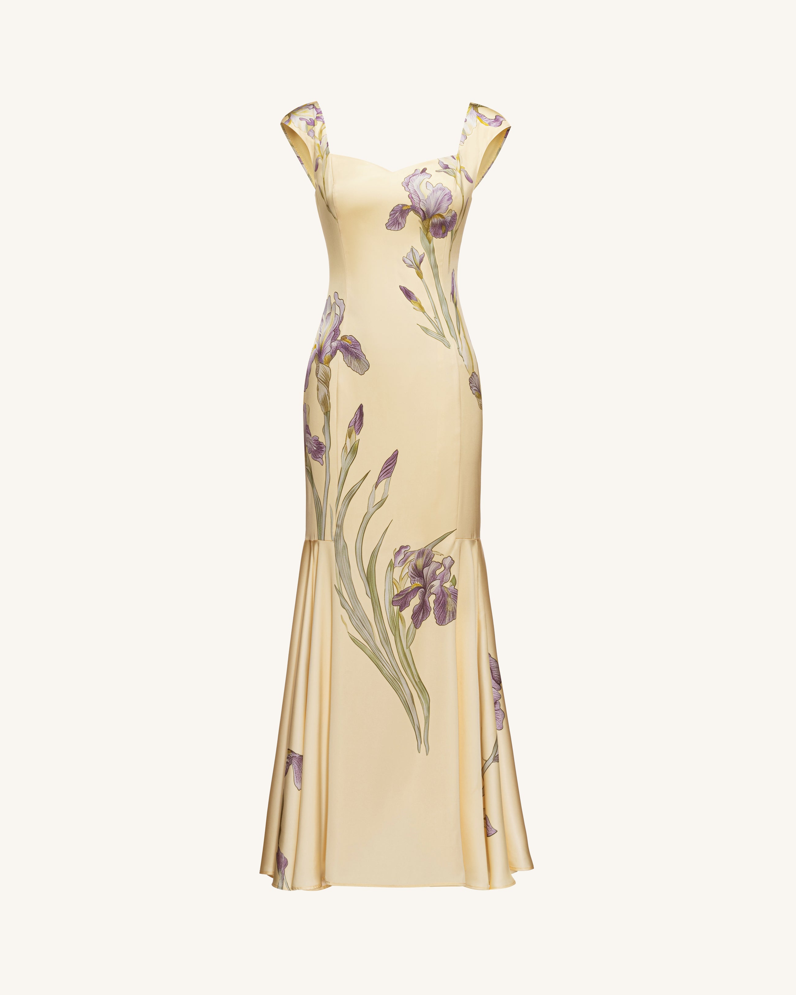 Iris Print Satin Mermaid Maxi Dress - Soft Yellow
