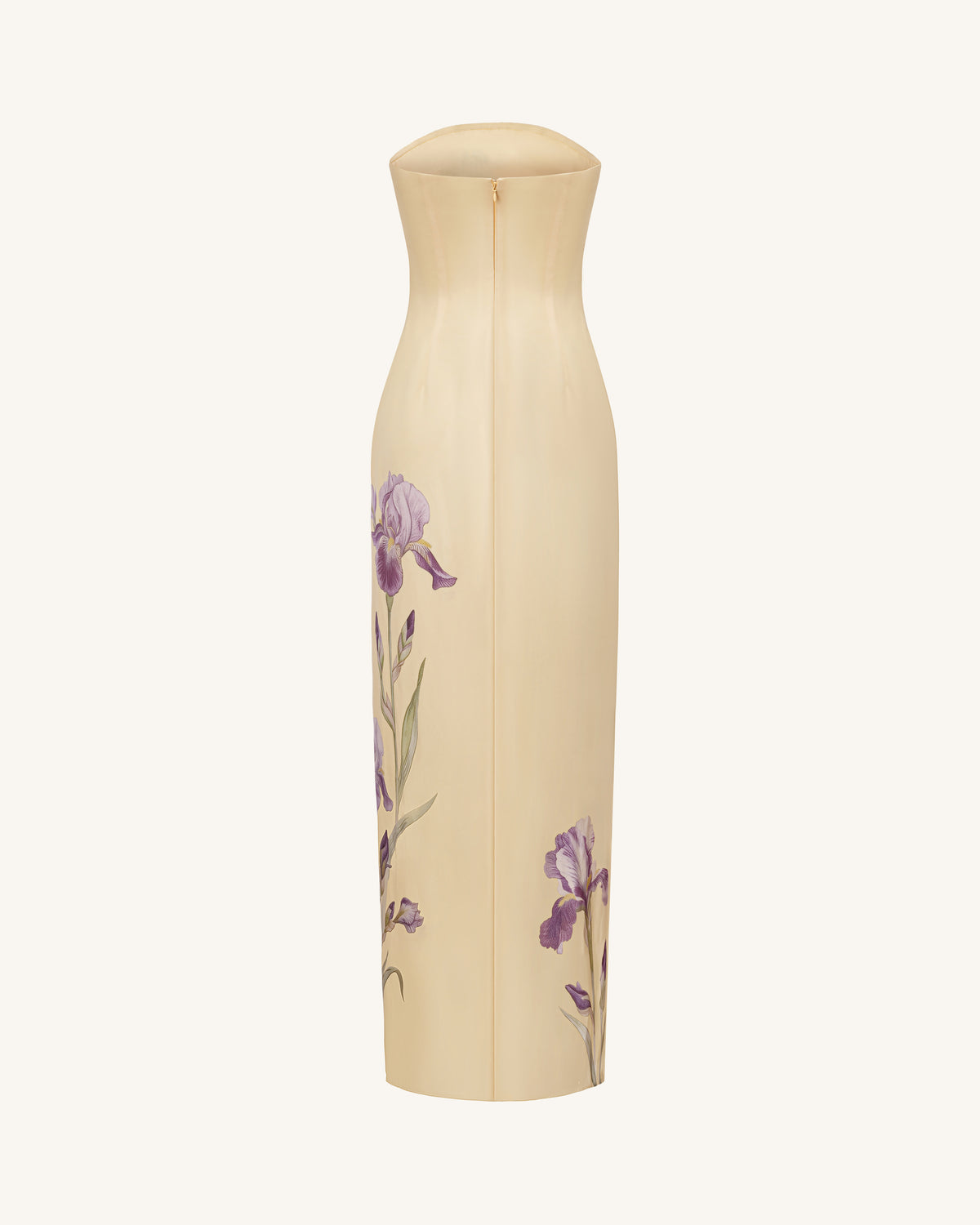 Iris Print Strapless Satin Slit Maxi Dress - Soft Yellow