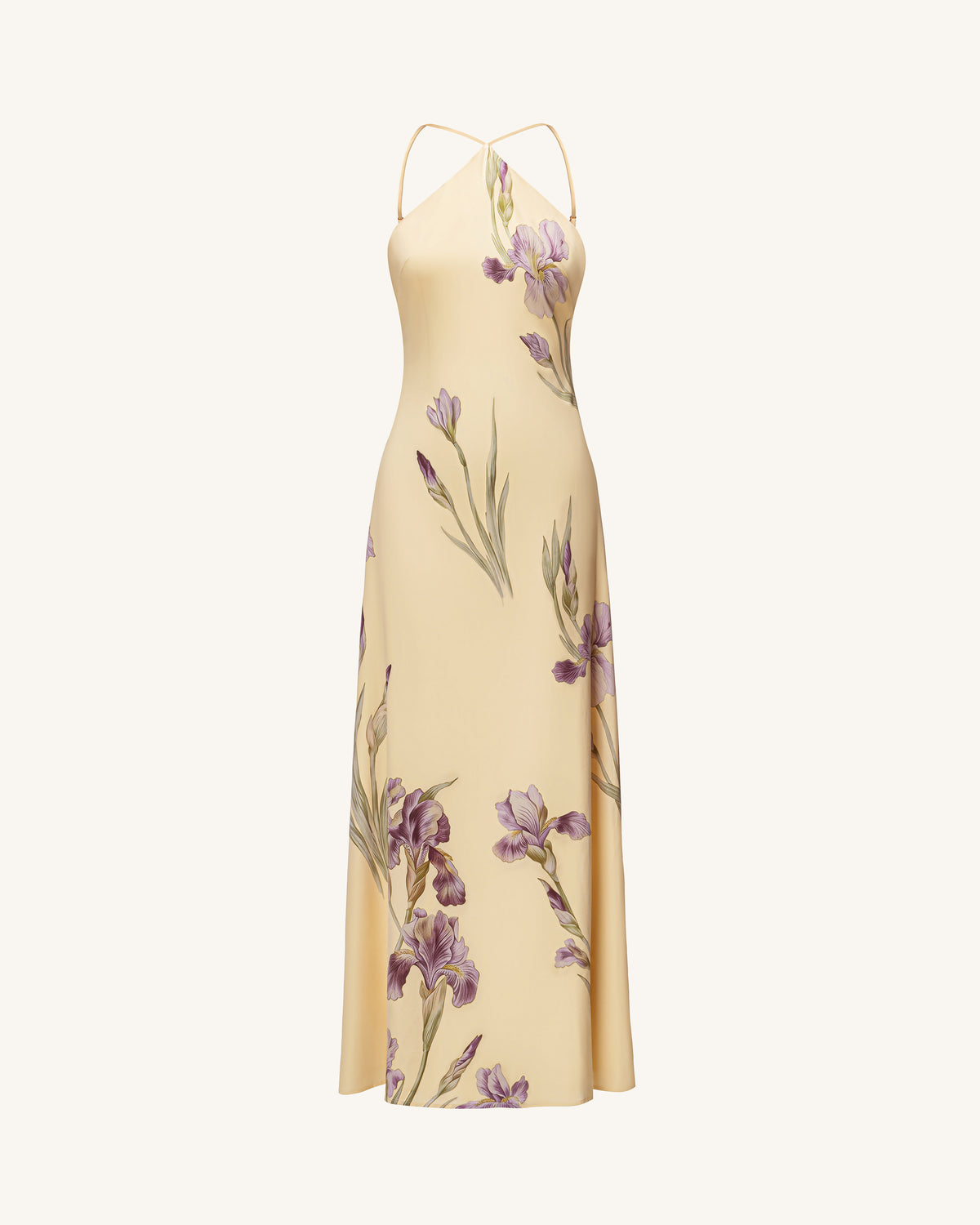 Iris Print Cross-Halter Open-Back Maxi Dress - Yellow