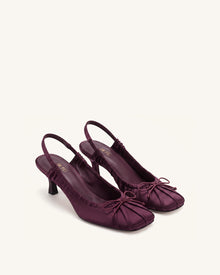 Solenne Satin Bow Ruched Slingback Pumps - Burgundy