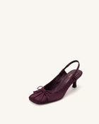 Solenne Satin Bow Ruched Slingback Pumps - Burgundy