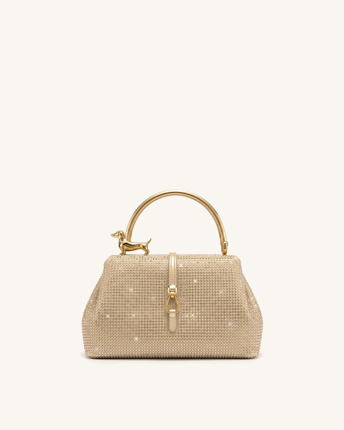 Bruna Artificial Crystal Dachshund Metal Handle Top Handle Bag - Champagne