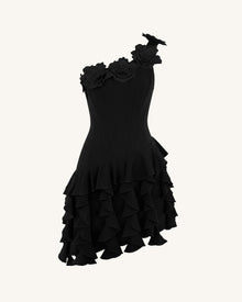 Flower Embroidered One-Shoulder Corset Mini Dress - Black