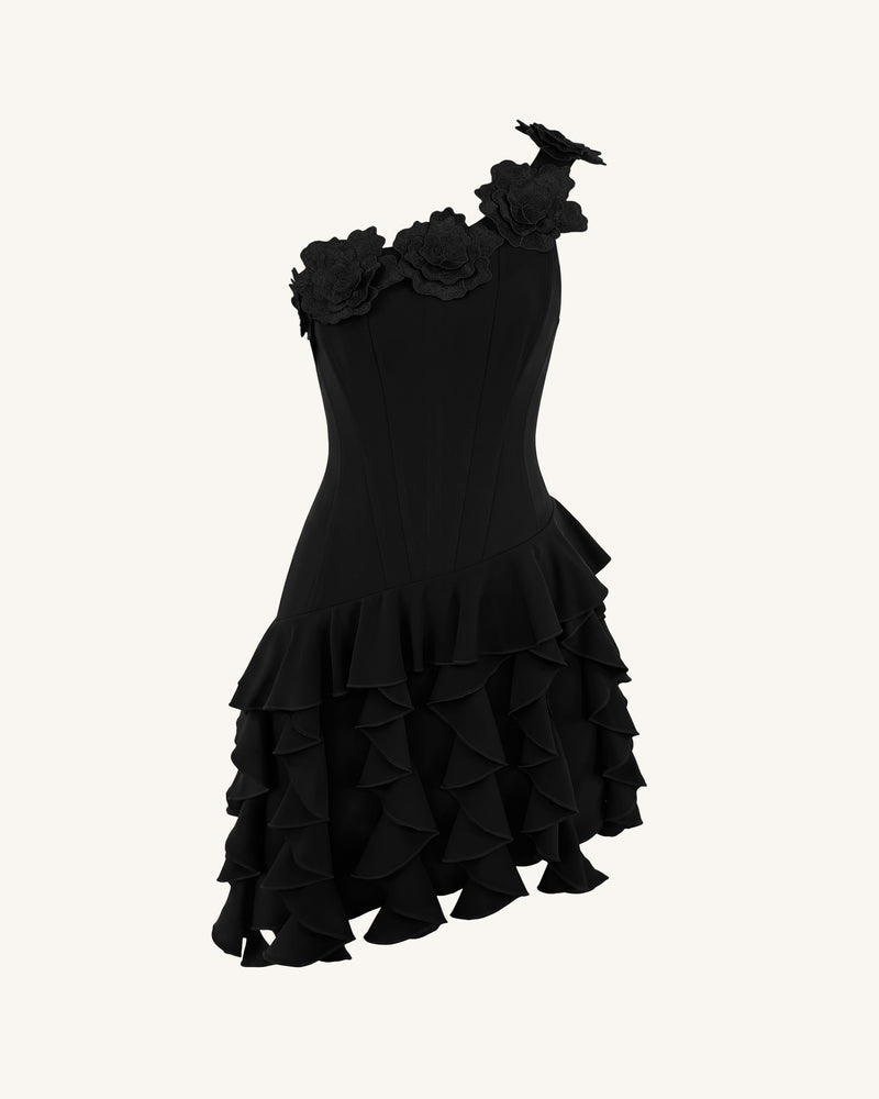 Flower Embroidered One-Shoulder Corset Mini Dress - Black