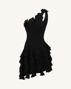 Flower Embroidered One-Shoulder Corset Mini Dress - Black