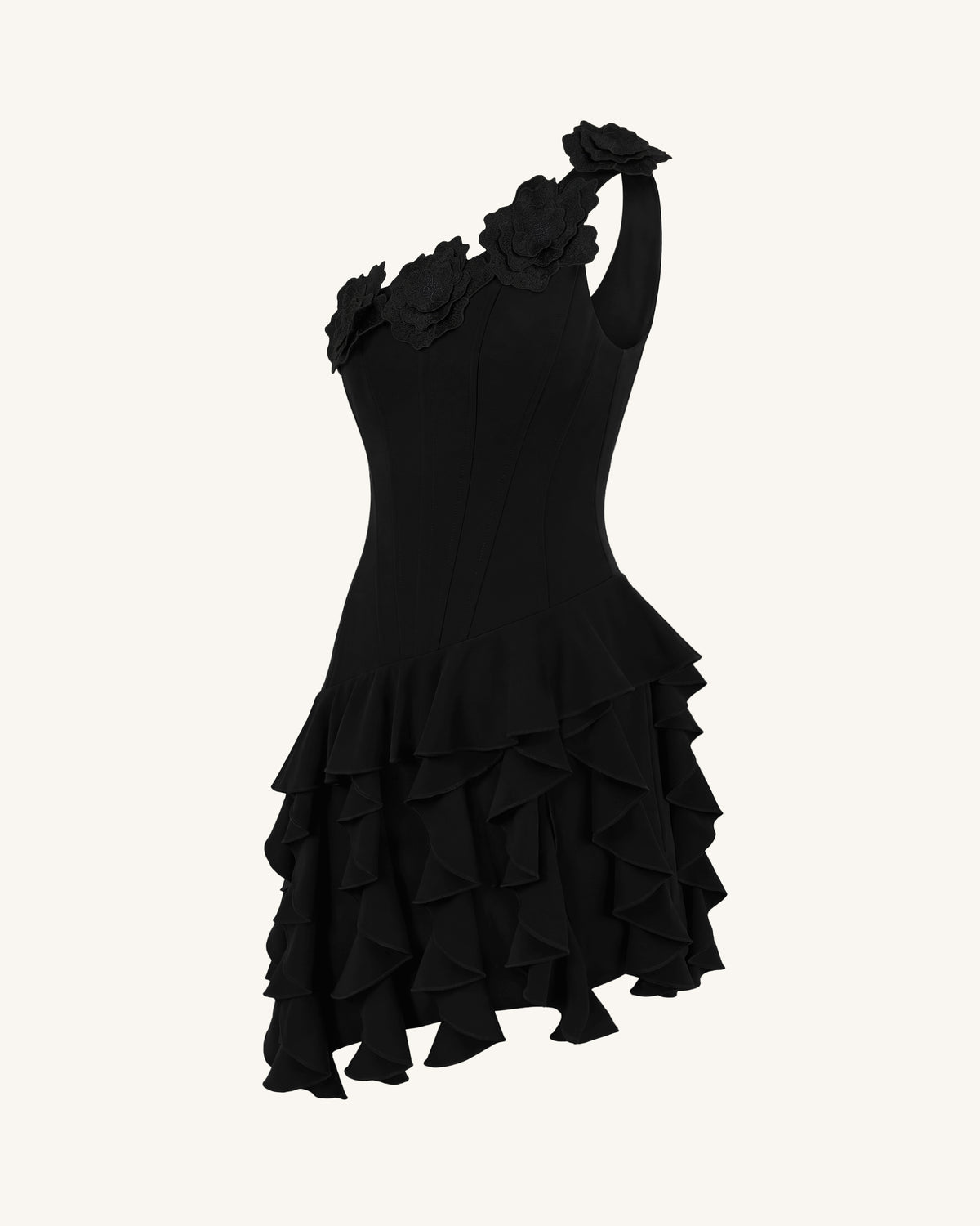 Flower Embroidered One-Shoulder Corset Mini Dress - Black