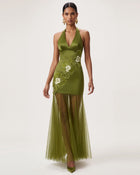 Orchid Embroidered Sheer Hem Halter Maxi Dress - Olive