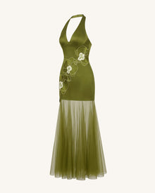 Orchid Embroidered Sheer Hem Halter Maxi Dress - Olive