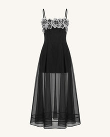 Floral Embroidered Sheer Layered Maxi Dress - Black