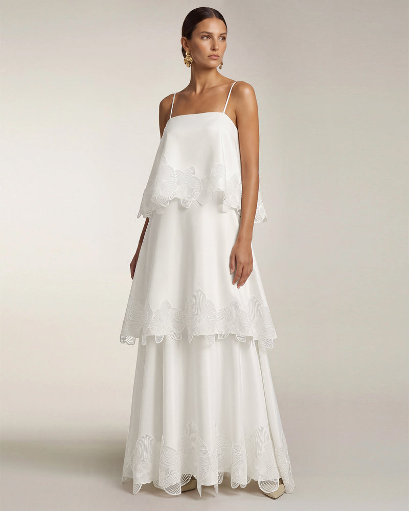 Orchid Embroidered Tiered Maxi Dress - White