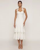 Orchid Embroidered Halter Corset Midi Dress - White