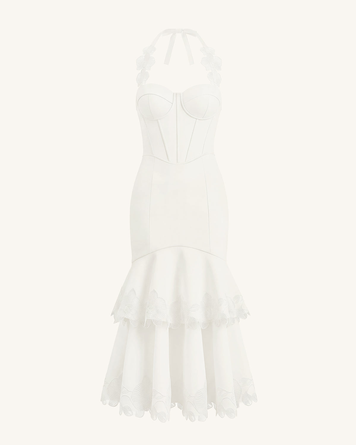 Orchid Embroidered Halter Corset Midi Dress - White
