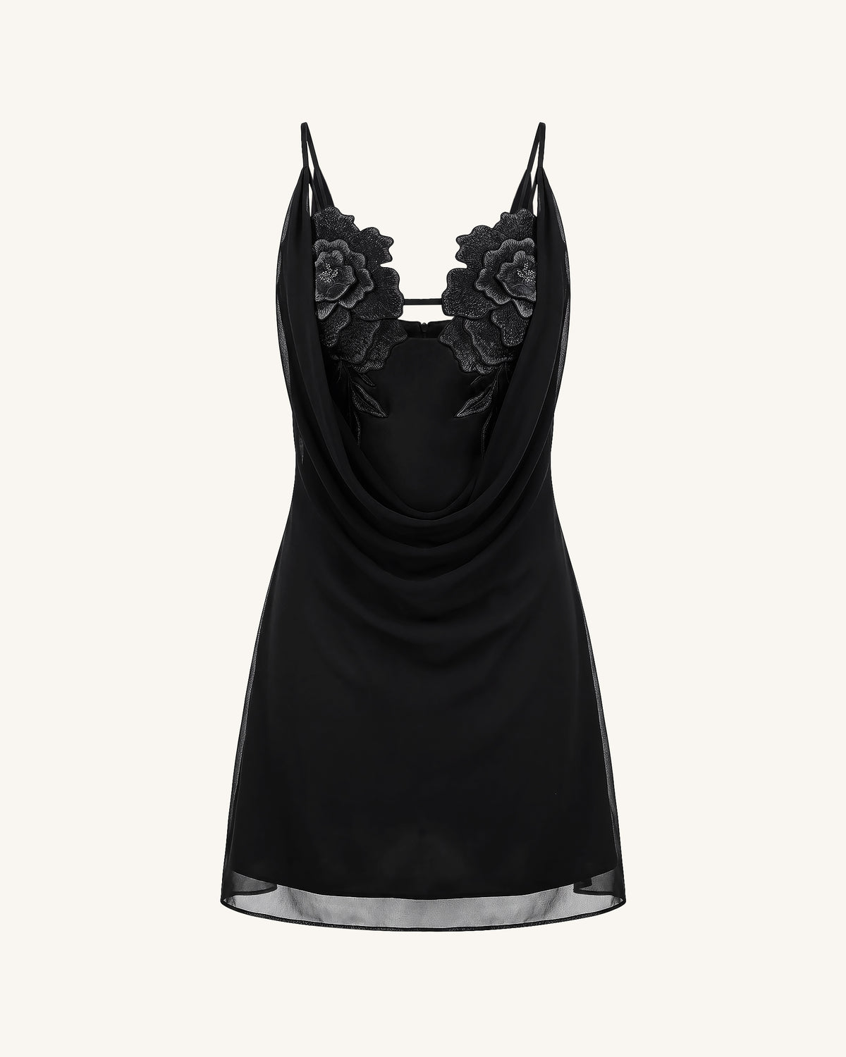 Flower Embroidered Cowl Neck Mini Dress - Black