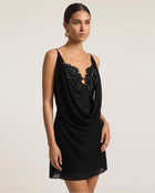 Flower Embroidered Cowl Neck Mini Dress - Black