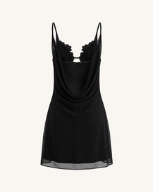 Flower Embroidered Cowl Neck Mini Dress - Black