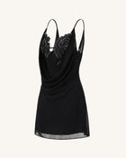 Flower Embroidered Cowl Neck Mini Dress - Black