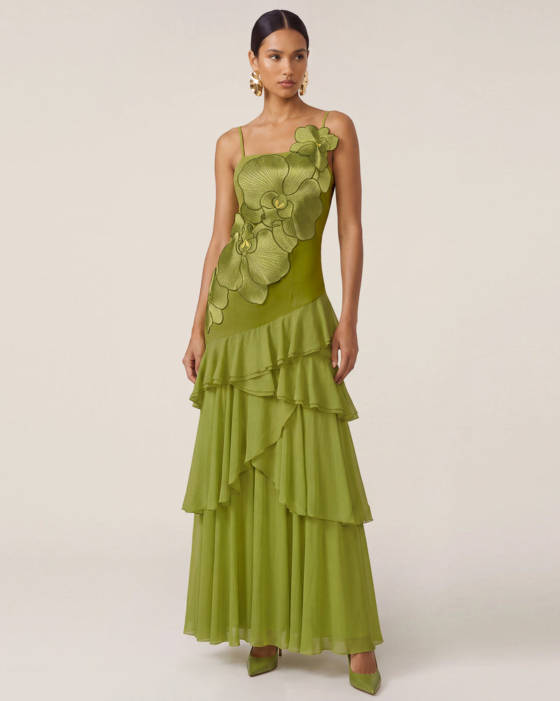 Orchid Embroidered Ruffled One-Shoulder Maxi Dress - Olive Green