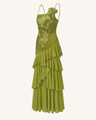 Orchid Embroidered Ruffled One-Shoulder Maxi Dress - Olive Green