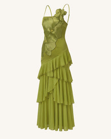 Orchid Embroidered Ruffled One-Shoulder Maxi Dress - Olive Green