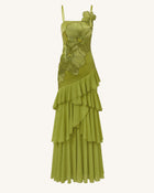 Orchid Embroidered Ruffled One-Shoulder Maxi Dress - Olive Green