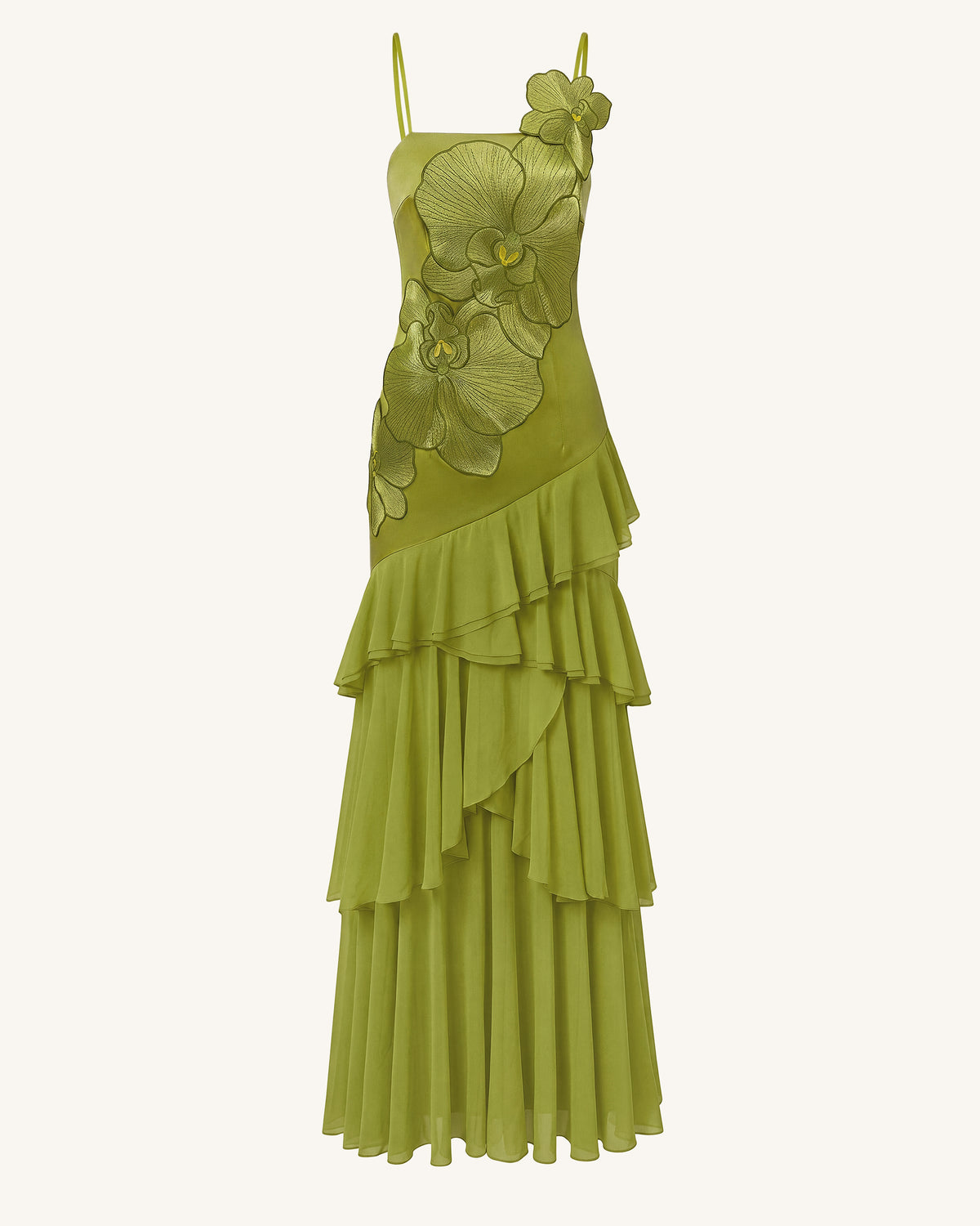 Orchid Embroidered Ruffled One-Shoulder Maxi Dress - Olive Green