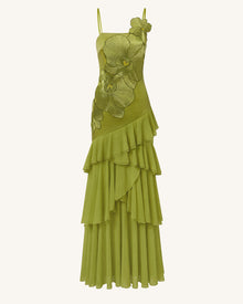 Orchid Embroidered Ruffled One-Shoulder Maxi Dress - Olive Green