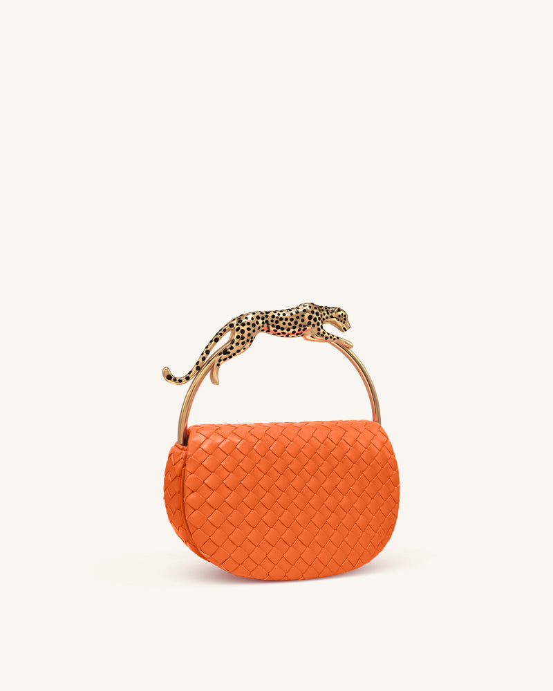 Ione Leopard Shaped Hardware Handle Woven Top Handle Bag - Orange