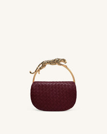 Ione Woven Leopard Shaped Top Handle Bag - Burgundy
