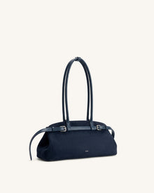 Arden Faux Suede Belt Detail East-West Shoulder Bag - Navy Blue