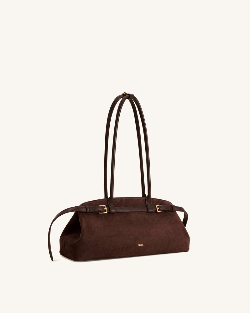 Arden Faux Suede Belt Detail East-West Shoulder Bag - Coffee Brown