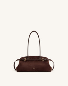 Arden Faux Suede Belt Detail East-West Shoulder Bag - Coffee Brown
