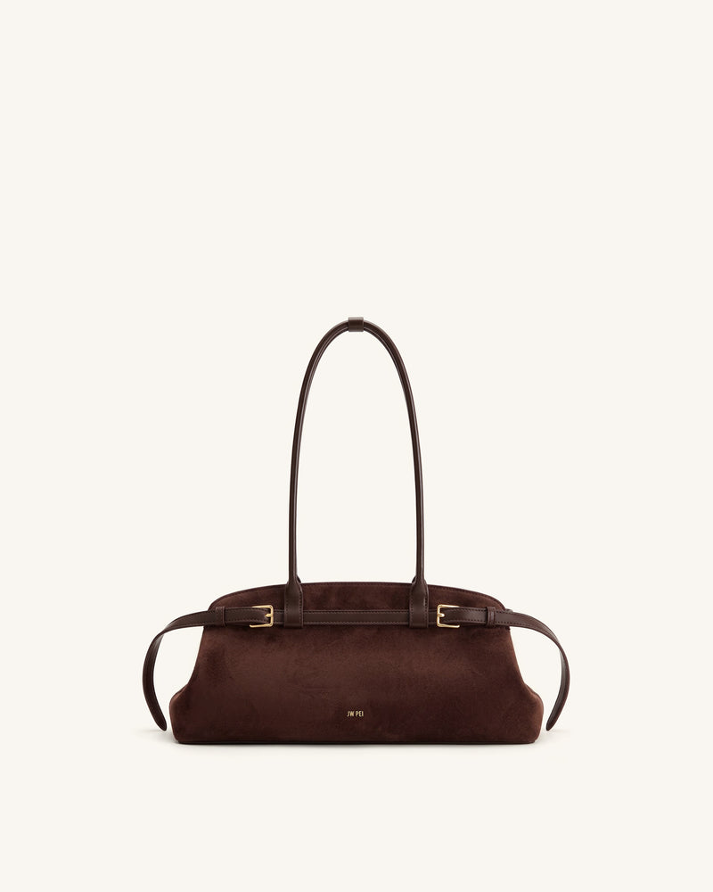 Arden Faux Suede Belt Detail East-West Shoulder Bag - Coffee Brown