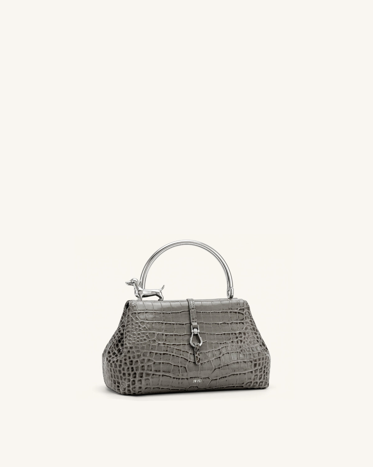 Bruna Dachshund Metal Handle Top Handle Bag - Light Grey Croc