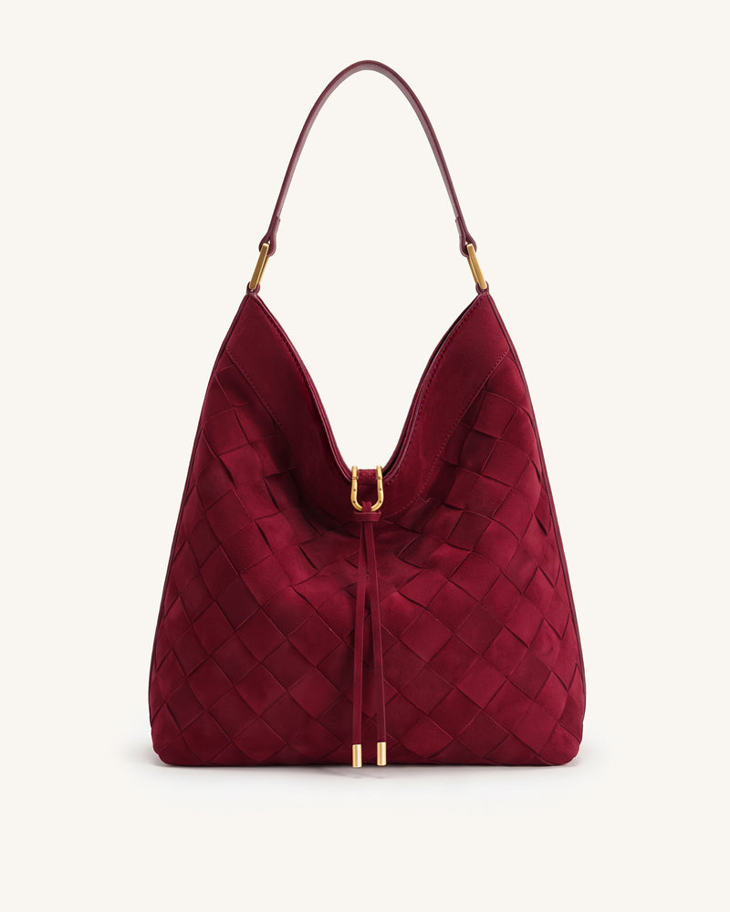 Aria Faux Suede Woven Shoulder Bag - Burgundy