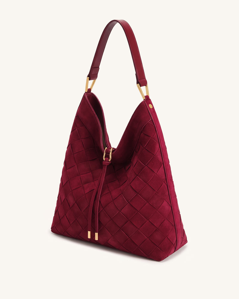 Aria Faux Suede Woven Shoulder Bag - Burgundy