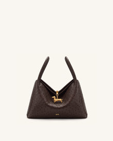 Maelle Faux Ostrich Grain Dachshund Charm Double Handle Bag - Dark Brown