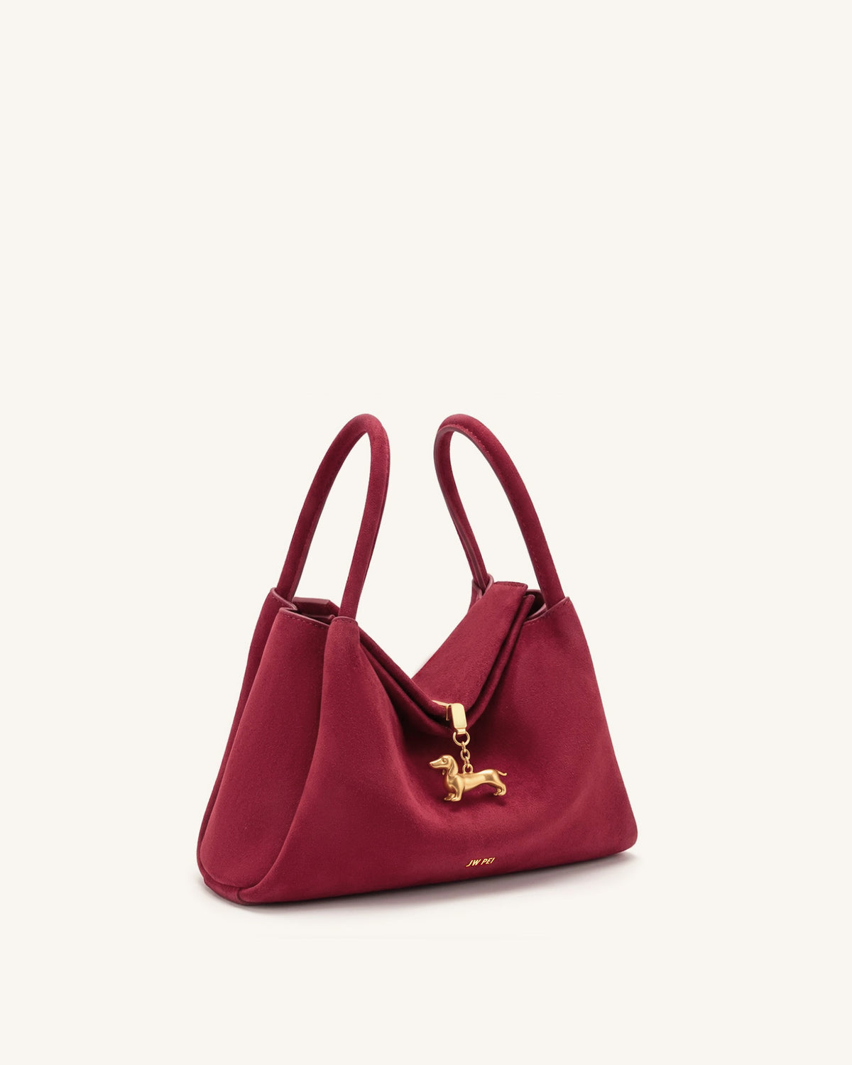Maelle Faux Suede Dachshund Charm Double Handle Bag - Burgundy