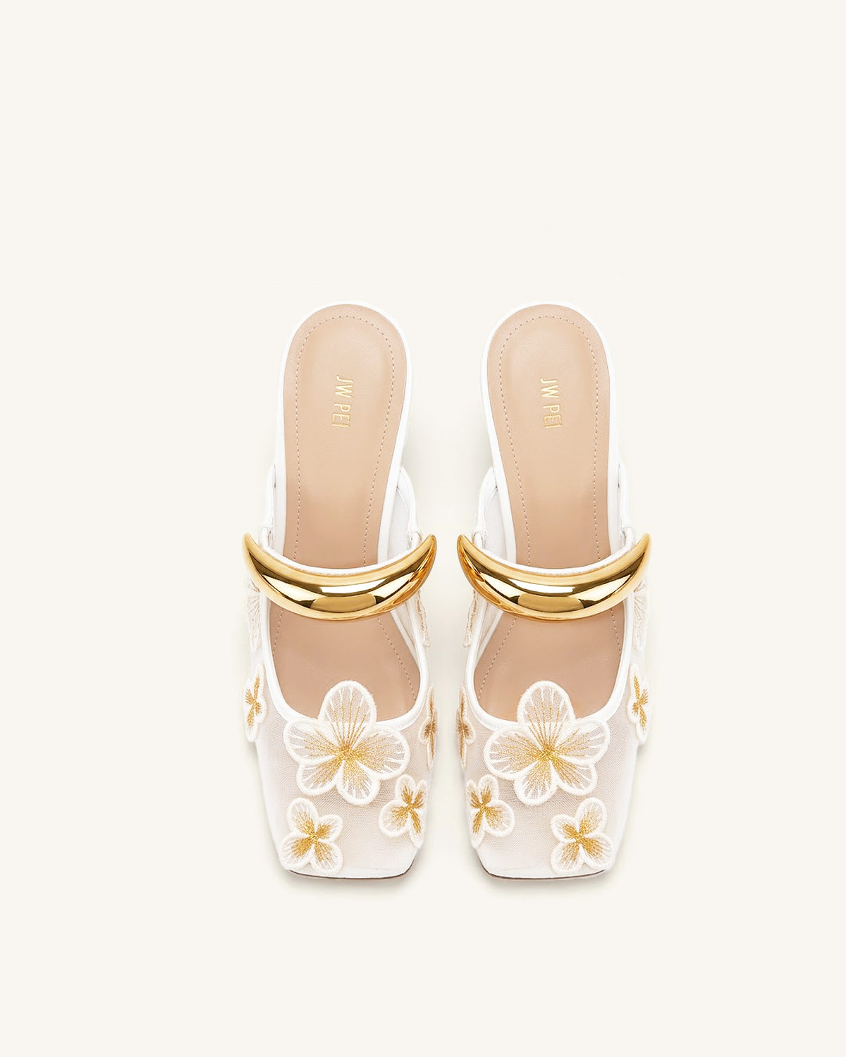 Mireille Pierced Floral Embroidered Appliqué Mesh Mules - Ivory