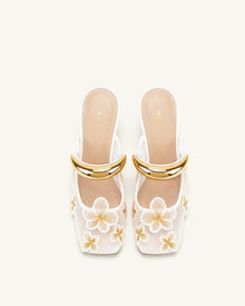 Mireille Pierced Floral Embroidered Appliqué Mesh Mules - Ivory