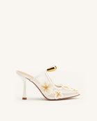 Mireille Pierced Floral Embroidered Appliqué Mesh Mules - Ivory