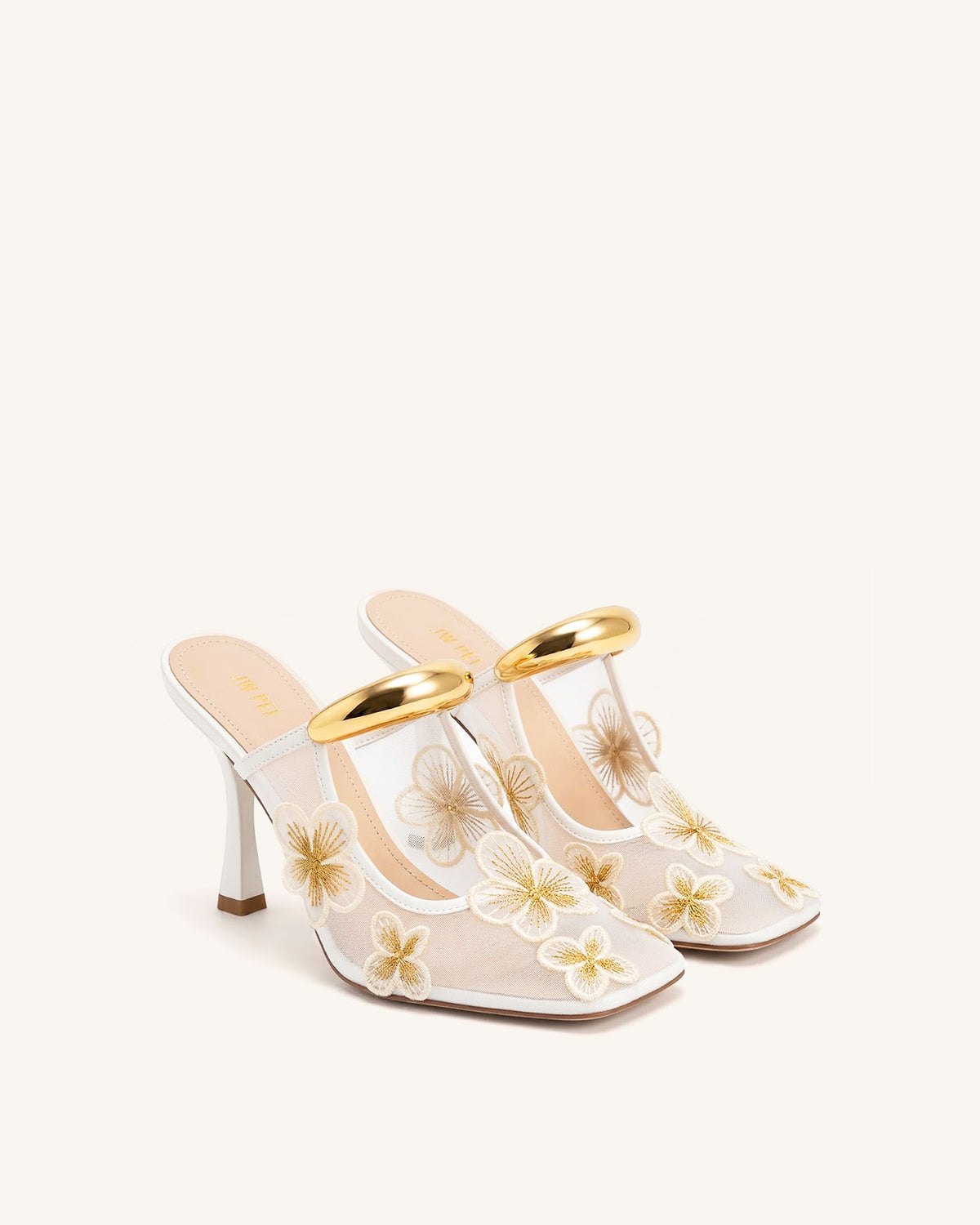 Mireille Pierced Floral Embroidered Appliqué Mesh Mules - Ivory