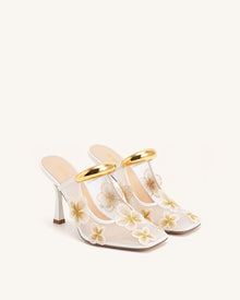 Mireille Pierced Floral Embroidered Appliqué Mesh Mules - Ivory